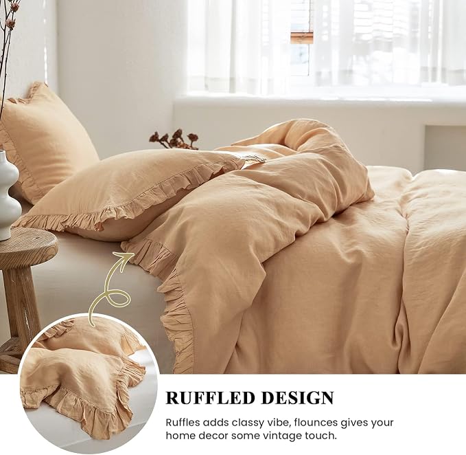 Simple&Opulence 100% Linen Duvet Cover Set, Natural French Flax Sand Ruffle Duvet Cover Twin Size, Breathable Comfy Linen Bedding Comforter Cover with 1 Pillowcase (Sand, 68" x 86")