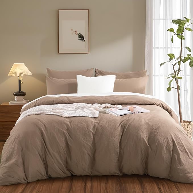 NEXHOME PRO 100% Washed Cotton Duvet Cover King Size, Ogranic Natural Linen Feel Breathable Bedding Set with Zipper Closure, 3 Pieces Duvet Cover Set Toffee (No Comfortert) 10490