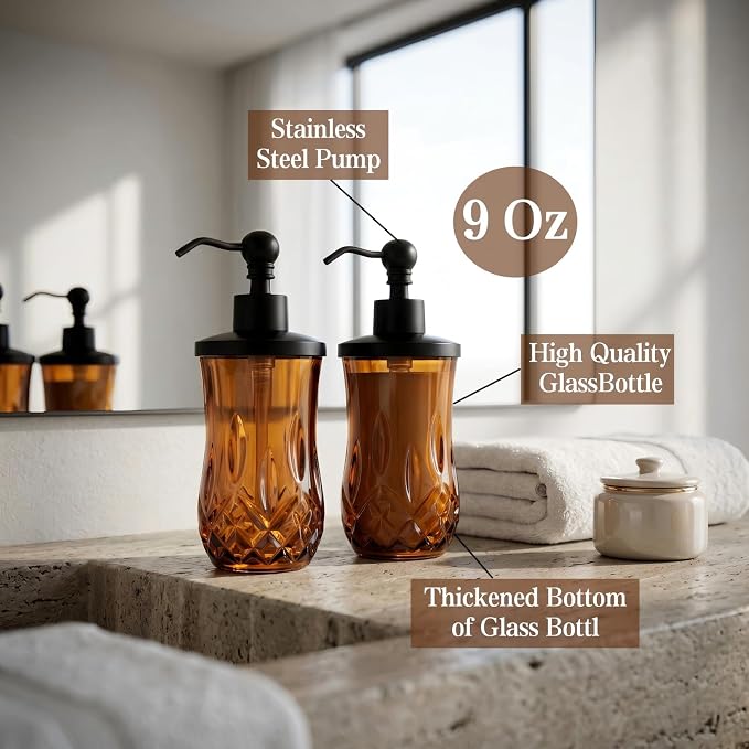 2 Pack 9 Oz Glass Soap Dispenser with Matte Black Zinc Alloy Pump, Amber Round Textured Refillable Hand Soap Dispenser for Lotion, Hand Soap, Body Wash, Kitchen & Bathroom Countertop Decor
