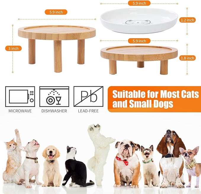 Lusifaco Shallow Elevated Cat Bowls,5.9 Inch Wide Raised Ceramic Cat Dishes with Bamboo Stand, Whisker Friendly Pet Water or Food Plates Feeding Station for Indoor Cats, Kitten(White,Set of 2)