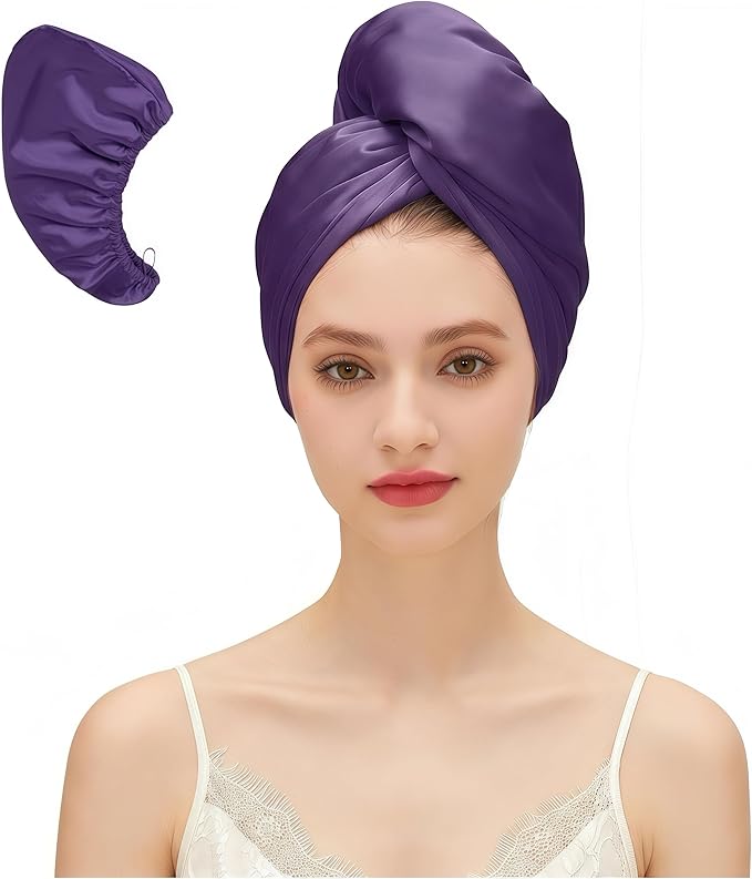 Satin Microfiber Hair Towel Wrap for Quick Drying & Anti-Frizz - Super Absorbent, Hair Turbans for Wet Hair, Ideal for Long, Short, Curly Hair (Purple)
