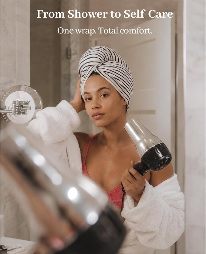 ROLSHOL Cotton Hair Towel Wrap for Women, 2 Pack 100% Cotton Hair Drying Towels for Long, Thick & Curly Hair, 32" x 11" Large Hair Turban for Wet Hair with Elastic Band (Black)