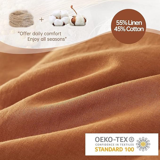 Simple&Opulence French Linen Duvet Cover Set 104"x 92"- 5 Pieces (1 Comforter Cover,4 Pillowcases)-Natural Flax Cotton Blend-Solid Color Breathable Farmhouse Bedding-Rust, King