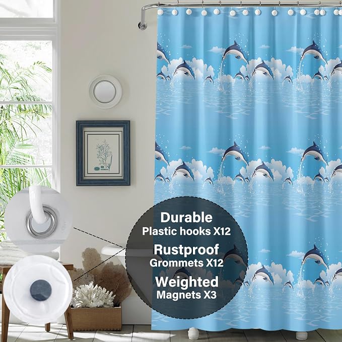 Plastic Shower Liner - Premium PEVA 6G Shower Curtain Liner with Rustproof Grommets and 3 Weighted Magnets, Waterproof Shower Curtain for Bathroom(Blue Dolphin, 72”*72”)