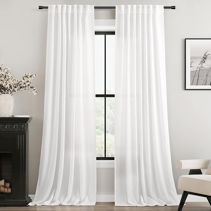Extra Long White Curtain 120 inches Long 2 Panels Set Back Tab Light Filtering Cotton Textured Curtain Modern Farmhouse Coastal Decor Off White Linen Drapes 120 inch Length for Large Window 10 FT Tall