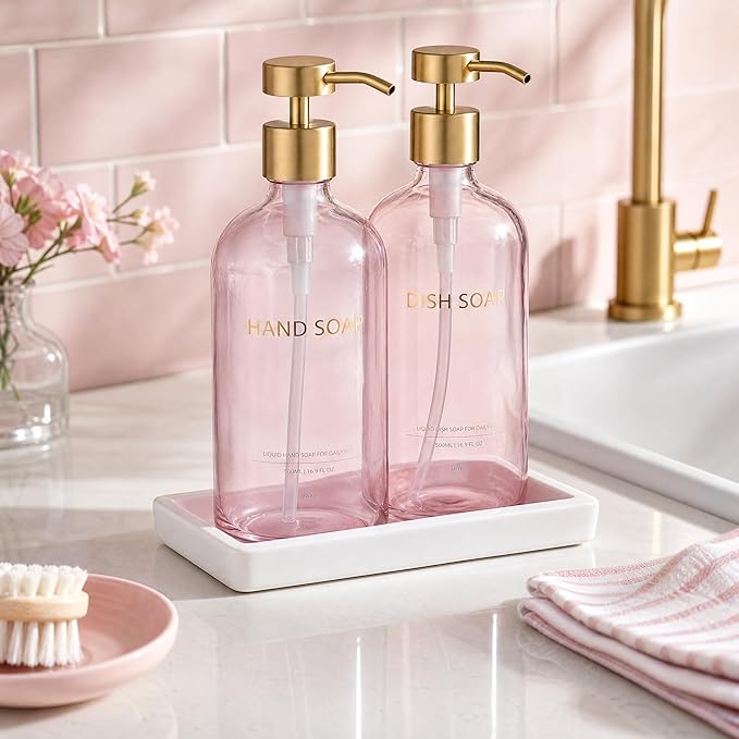 Glass Kitchen Soap Dispenser Set with Ceramic Tray,16.9 floz Hand and Dish Soap Dispenser for Kitchen and Bathroom Decor (Pink Bottles + Gold Pumps)