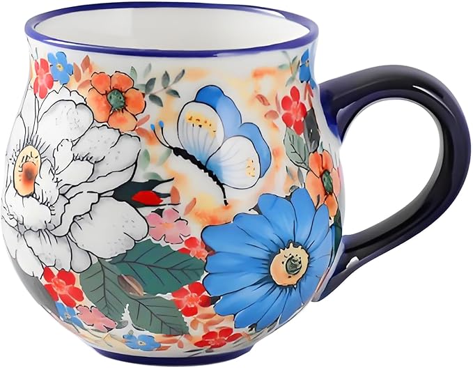 ALMA 12oz Handpainted Ceramic Tea Mugs | Microwave & Dishwasher Safe, Polish Pottery Alternative, Kitchen Cabinet Winter Home Decor, For Home Aesthetic Lovers & Wife