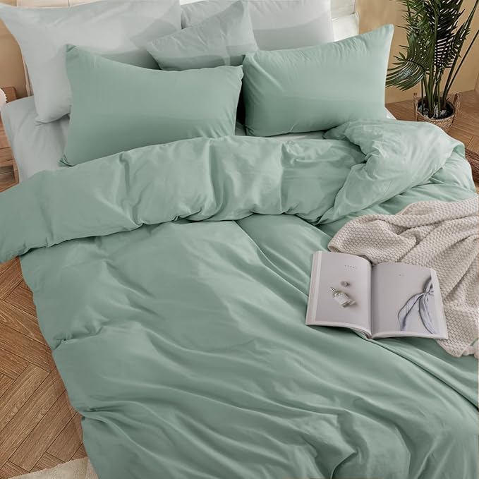 NEXHOME PRO Duvet Cover Set Queen Size Linen Look Textured Organic Natural 100% Washed Cotton Duvet Cover Teal 3 Pieces Bedding Set with Zipper Closure, Breathable, Soft (Aqua Green, No Comforter)