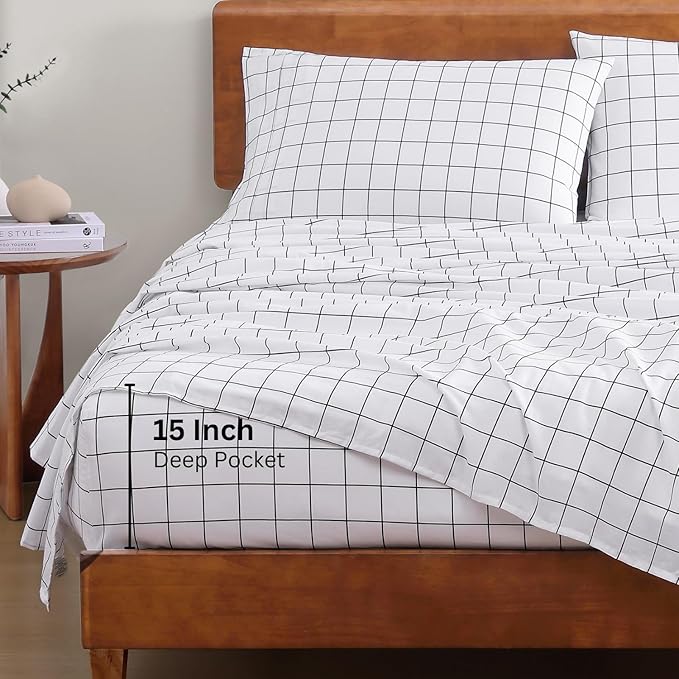 LANE LINEN 100% Organic Cotton Queen Bed Sheet, Fade Resistant Printed Cotton Sheets Low Pill Soft & Comfy Machine Washable Queen Size Deep Pockets Fits Upto 15" - Windowpane
