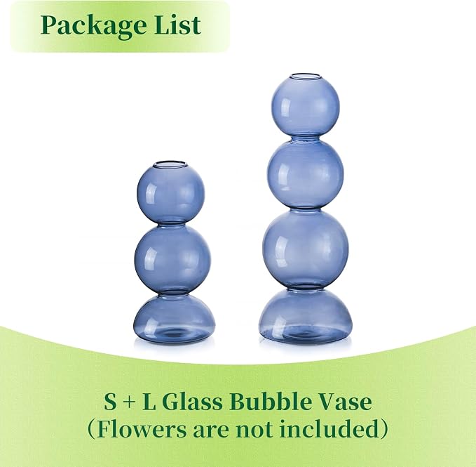 Glass Bubble Vases for Flowers, Hewory 2pcs Light Blue Unique Cute Single Flower Vase for Centerpieces, Funky Aesthetic Vase Skinny Bud Vase, Cool Groovy Decor for Living Room Bedroom Office Tabletop