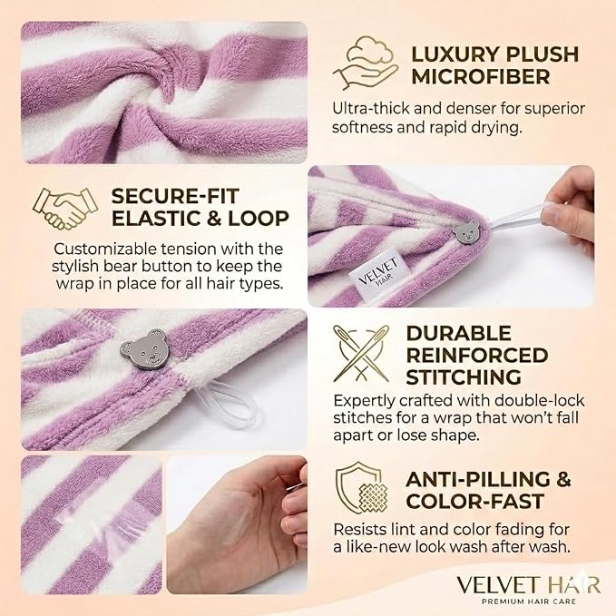 3 Pack Microfiber Hair Towel Wrap for Women, Fast Drying Hair Turban with Button, Anti-Frizz Large Hair Towel for All Hair Styles, Soft & Absorbent Hair Drying Towel
