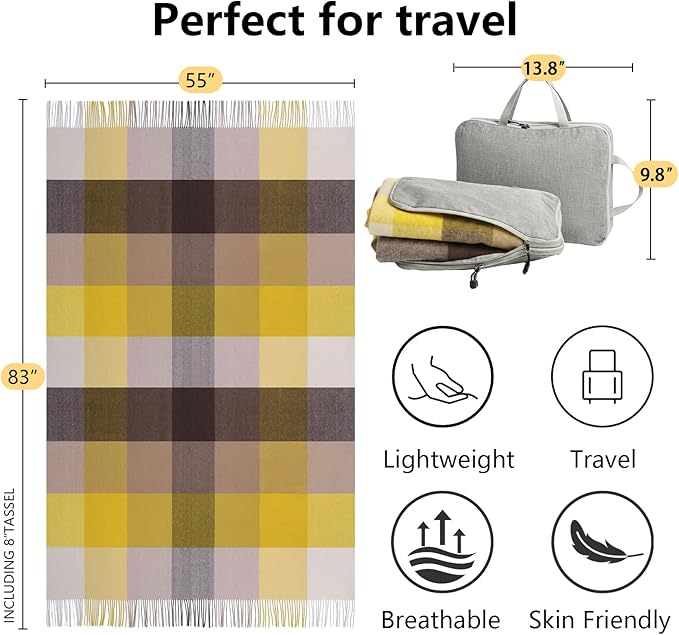 100% Wool Blanket Throw,Yellow Plaid Wool Blanket with Compact Bag,Rustic Soft Lightweight Blanket for Couch,Sofa,Bed & Lounging Decoration,Warm Travel Blanket for Home, Airplane,Ideal Gifts 55"x83"