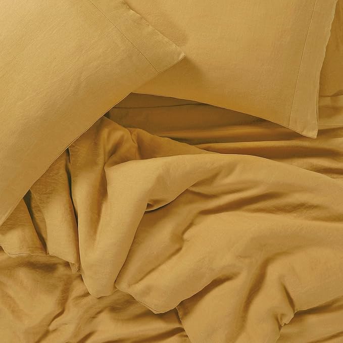 SIJO Premium Stone Washed Organic French Linen Duvet Cover, GOTS Certified Organic, Small Batch Sourced from Normandy, Best Cooling Linen Sheet Award by Sleep Foundation (Turmeric, King/Cal King)