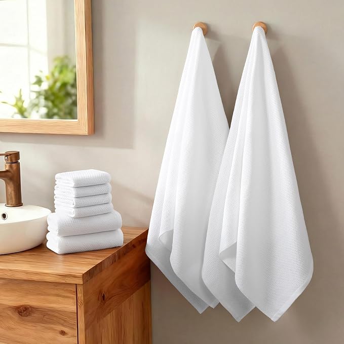 REDKISS Quick Dry Waffle Towel Set of 8, 100% Cotton,Lightweight & Highly Absorbent Waffle Towels for Bathroom, Spa, Gym, Pool-2 Bath Towels, 2 Hand Towels & 4 Washcloths,White