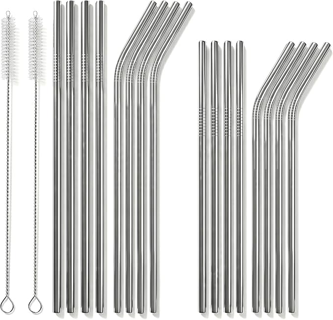 16 Pack Reusable Stainless Steel Metal Straws, 4 Straight + 4 Bent 10.5 Inch and 4 Straight + 4 Bent 8.5 Inch Metal Straws with 2 Cleaning Brushes, Straw Compatible with 20/30 oz Tumbler