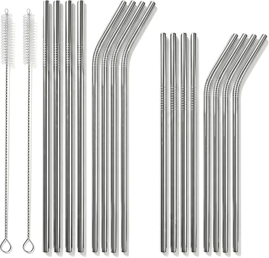 16 Pack Reusable Stainless Steel Metal Straws, 4 Straight + 4 Bent 10.5 Inch and 4 Straight + 4 Bent 8.5 Inch Metal Straws with 2 Cleaning Brushes, Straw Compatible with 20/30 oz Tumbler