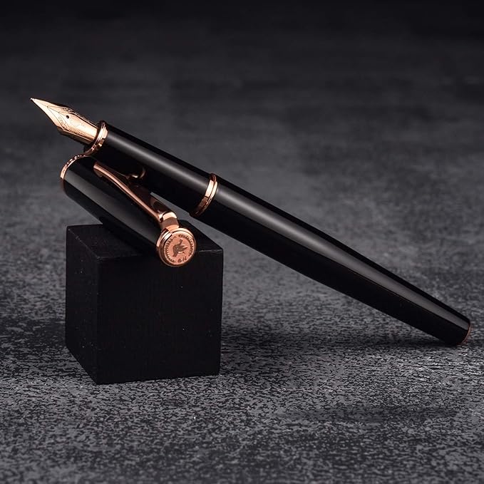Hongdian 920 Black Metal Fountain Pen, Rose Gold Plated Medium Nib Smooth Writing Pen, Classic Pen with Ink Converter
