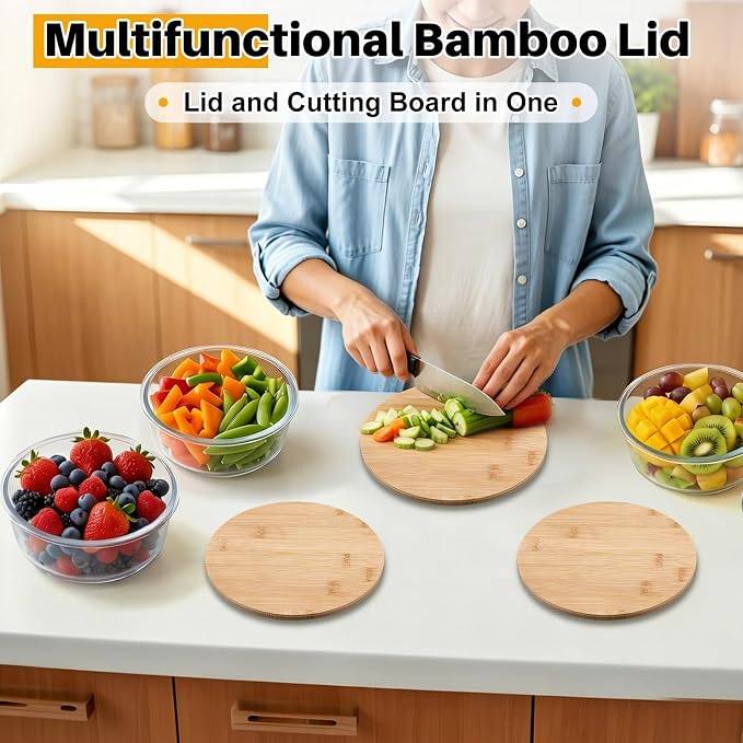 Blushtier 4 Pack 44/32/ 21/14 oz Borosilicate Glass Food Containers with Bamboo Lids, Stackable Glass Bowls for Meal Prep & Lunch, Microwave, Freezer and Dishwasher Safe