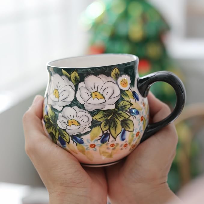 ALMA 12oz Handmade Floral Ceramic Coffee Mug | Microwave & Dishwasher Safe, Dining & Espresso Use, Travel Friendly, Vintage Rustic Lovers, Gift for Daughters