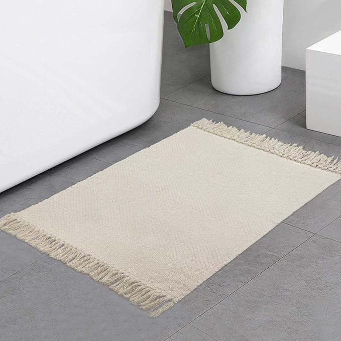 Collive Small Bathroom Rug, 2' x 3' Hand-Woven Low Profile Front Entryway Rug, White/Beige Cotton Reversible Washable Kitchen Mat Modern Farmhouse Carpet for Foyer Bedroom Back Door Decor
