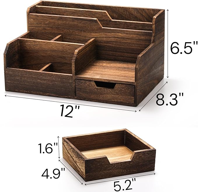 Pumtus Brown Wooden Desk Organizer, Mail Organizer with 7 Compartments and Drawer, Rustic Mail Sorter with Pen Holder, Tabletop Mail Basket, Office Accessories Holder for File Letter Document