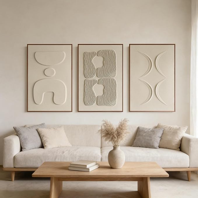 Large 3D Textured Wall Art for Living Room, Set of 3 Wabi Sabi Abstract Sandstone Relief Artwork with Solid Catalpa Wood Frame, Minimalist Triptych Pictures for Hallway Entryway, Sand Beige, 16x24 In