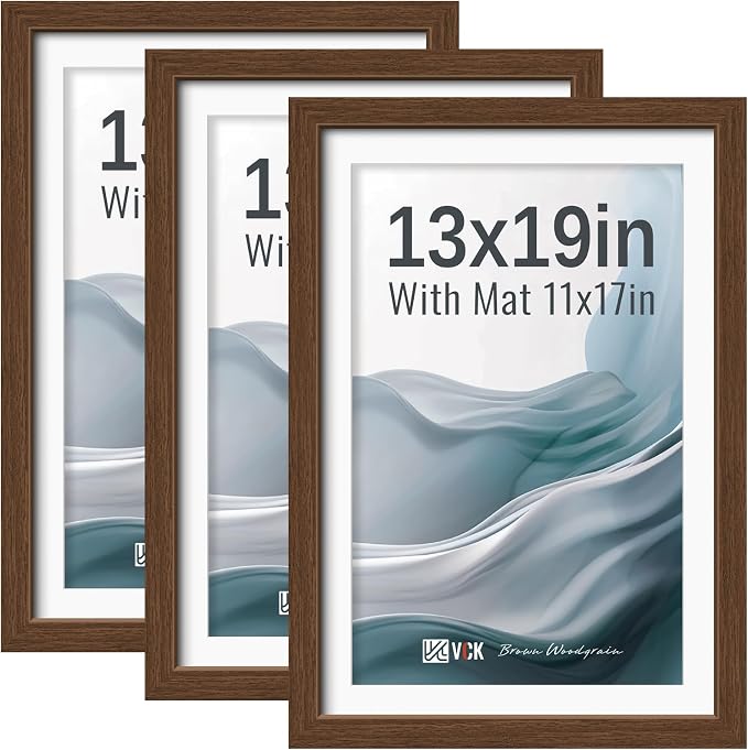 VCK 13x19 Picture Frames Brown 3 Pack, Wide Border Wood, Tempered Glass, Display 11x17 Photo with Mat or 13 x 19 without, for Home, Office, Gallery, Woodgrain Series, Wall Hanging