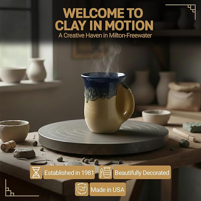 Clay in Motion Hand Warmer Coffee Mug – Handmade Coffee Mug With Comfortable Handle Contoured Pocket Hand Warming Ceramic Coffee Mug – Proudly Made in USA – Right Handed – 14 Oz - Cobalt Canyon