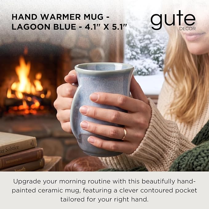 Hand Warmer Mug, Ceramic and Hand Painted - Contoured Pocket will Hold Warmth From The Heat Of Your Drink - Keep Your Fingers Warm, Comfy Handwarmer Gift, Winter Stocking Stuffer Gifts - Right Handed