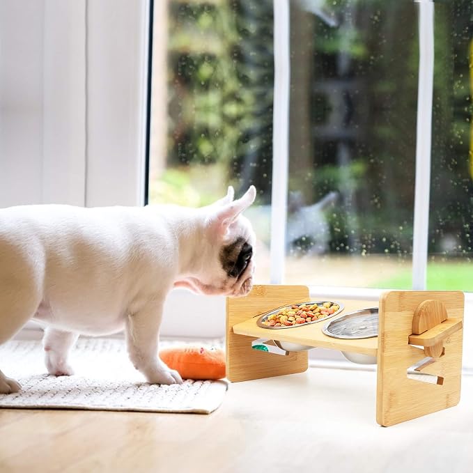 Raised Dog Bowl, Elevated Dog Bowls, Tilted Pet Food Water Bowl, Slanted Bamboo Feeding Station with Stainless Steel Bowls for Small & Medium Dogs, Cat Kitten Flat Faced French Bulldog Puppy Feeder