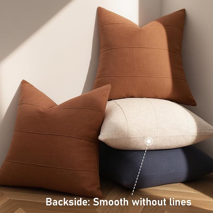 ZWJD Decorative Linen Throw Pillow Covers 22x22 Set of 2 Solid Handcrafted Striped Throw Pillows for Bed Soft Modern Farmhouse Neutral Pillowcase for Couch Bedroom Living Room Home Decor(Rust)