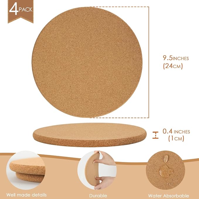 4 Pack Cork Trivets for Hot Dishes, 9.5" High-Density Thick Cork Trivets for Hot Pots and Pans, Heat Resistant Cork Hot Pads for Kitchen, Multifunctional Cork Coasters for Countertop Wooden Table