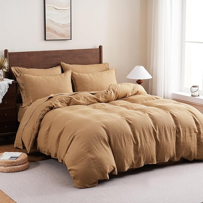 S VICTORY SYMBOL 100% Organic Linen Duvet Cover Set 3pcs Queen Size,Natural French Washed Flax Bedding Set(1 Duvet Cover and 2 Pillowcases) with Coconut Buttons Closure,Sandy Beige