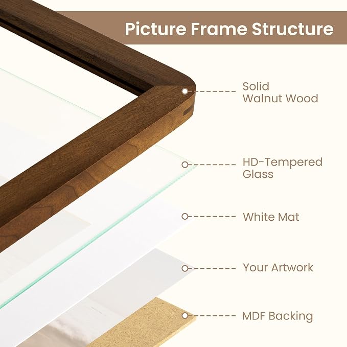 Fun Memories 9x12 Picture Frame - Solid Walnut Wood Frame with Real Glass, 9x12 Wooden Frame with Mat for 6x8, Perfect for Horizontal or Vertical Hanging by Wall, Natural Walnut