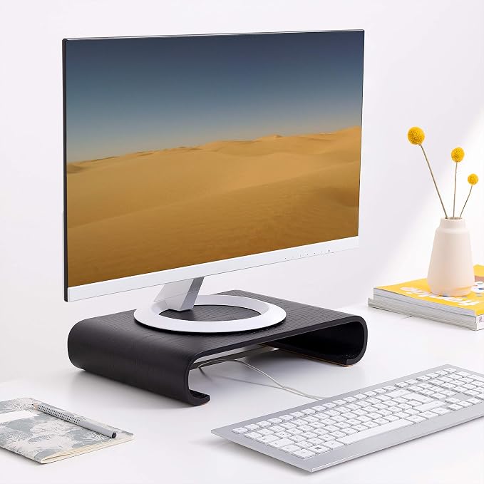 Navaris Wood Monitor Stand Riser - Computer Desk Organizer Desktop Dock Wooden Mount Display for PC TV Screen Notebook Laptop - Oak with Black Stain