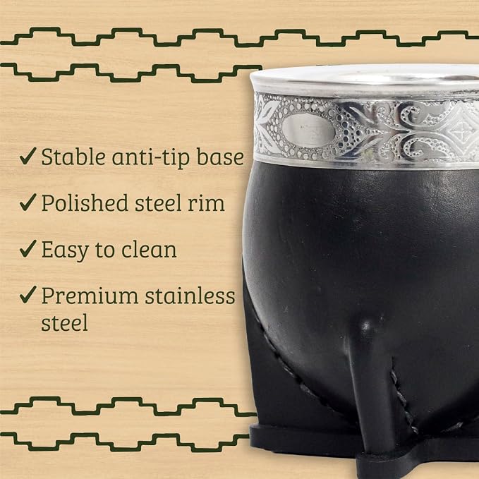Mate Imperial – Yerba Mate Cup and Bombilla Set | Handmade Argentina Mate Gourd | Stainless Steel Mate Mug for Tea Lovers | Unique Cultural Gift (MIRROR, BLACK)