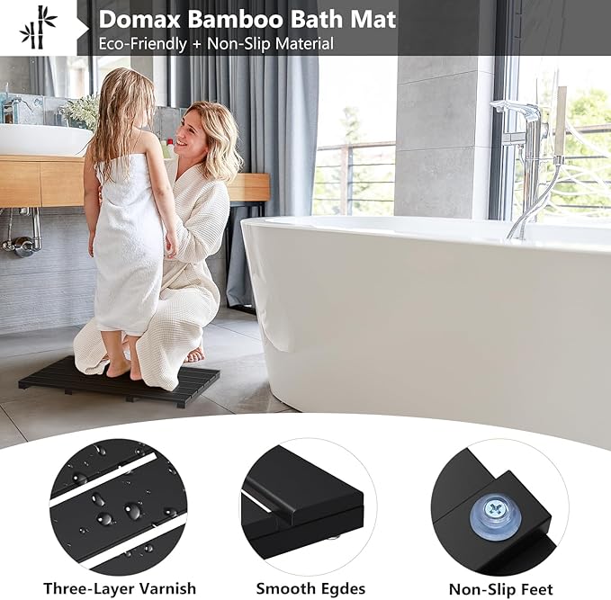 Domax Wooden Bamboo Bath Shower Mat- Non-Slip Waterproof Large Bathroom Floor Mat for Indoor Outdoor (Black, 21.26 x 14.17 x 1.3 Inches)