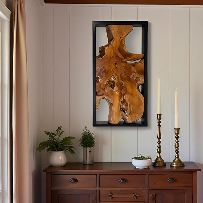 Warmaxx Teak Natural Wood Wall Art Decoration 31.6" x 15.8" Rectangle Farmhouse Wall Art Décor Home Living Room Vintage Accent Bedroom Office Rustic Handcrafted Wooden Floral Design