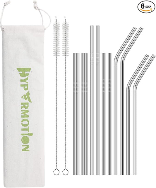 Hypermotion Stainless Steel Straw, Food Grade Reusable Metal Drinking Straw Set with 2 Cleaning Brushes and Carry Pouch for Smoothie, Milkshake, Cocktail and Hot Drinks