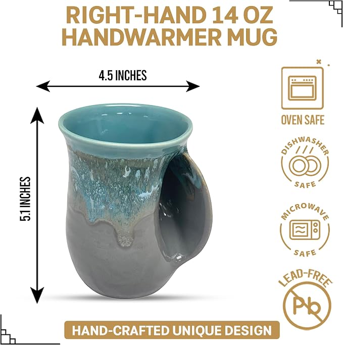 Clay in Motion Hand Warmer Coffee Mug – Handmade Coffee Mug With Comfortable Handle Contoured Pocket Hand Warming Ceramic Coffee Mug – Proudly Made in USA – Right Handed – 14 Oz - Riverstone
