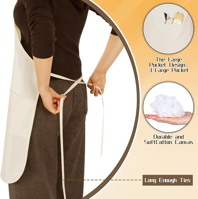 Painting Apron for Adults, Art Aprons with 3 Pockets Cotton Canvas Bib for Apron Painting Pottery Baking, Natural