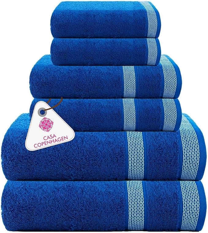 CASA COPENHAGEN Solitaire 6Pcs 100% Egyptian Cotton Large Designer Towels Gift Set- Bright Blue, 600GSM, 2Bath 2Hand 2Washcloths, Bath Towels for Bathroom Set for Women & Men