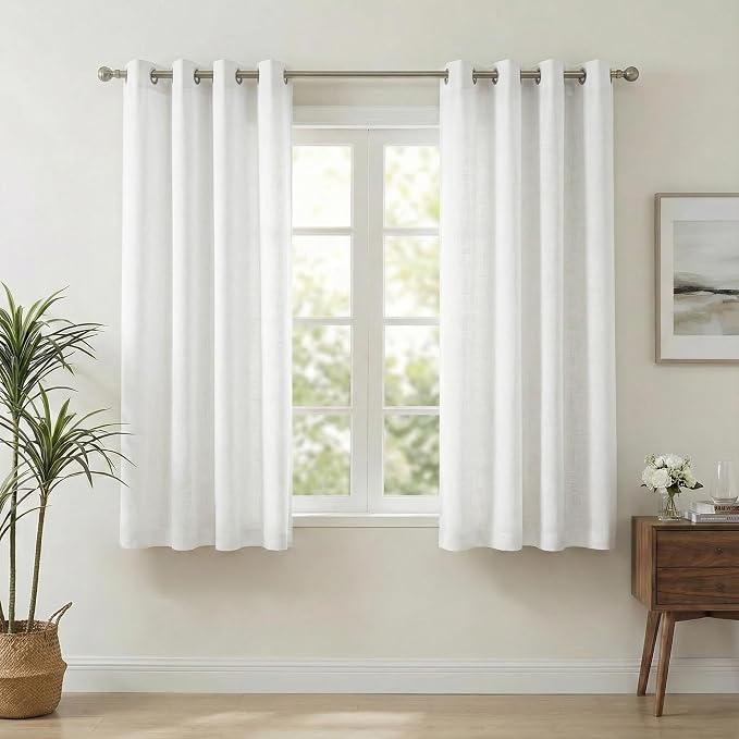 NICETOWN Linen Blended Curtains 63 Inch for Bedroom, Light Filtering Semi Sheer Burlap Curtains Farmhouse Grommet Privacy Window Drapes for Living Room, 2 Panels (52 x 63 Inch, White)