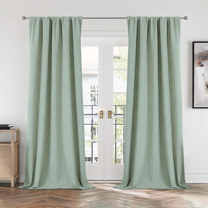 CUCRAF Linen 100% Blackout Curtains 72 Inch Length 2 Panels Set, Back Tab and Rod Pocket Curtain for Living Room Bedroom, Room Darkening Window Drapes Thermal Insulated, (37x72 inch, Sage Green)