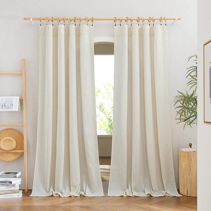 NICETOWN Natural Linen Curtains 108 inches Long for Living Room, Rod Pocket Thick Flax Privacy Semi Sheer Window Curtains with Light Filter for Bedroom/Living Room, 55'' Wide, 2 Panels