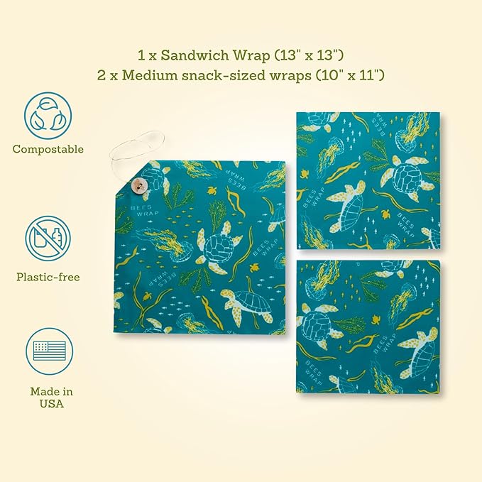Bee's Wrap Beeswax Wraps for Food - 3 Pack of Assorted Beeswax Wraps - 2 Medium & Sandwich Wrap - Plastic Free Made in USA Reusable Natural Food Wrap - Ocean