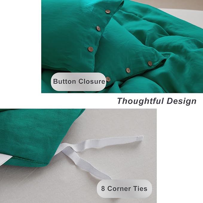 TOSMO 100% Linen Queen Duvet Cover Set, Luxury French Flax Natural Linen Duvet Cover with Button Closure & Corner Ties, Cooling Breathable Comforter Cover 3 Piece (Teal)