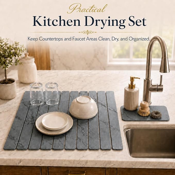 2 PCS Large Stone Dish Drying Mat for Kitchen Counter, 24" x 16" Diatomaceous Earth Dish Mat with 8" x 4" Coaster, Quick Dry Foldable Absorbent Mat for Dishes, Cups, Bottles (Dark Gray)