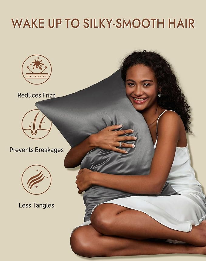 SilkSilky 100% Mulberry Silk Pillowcase - Pure 22 Momme High-Grade 6A Fibers for Hair & Skin, Hidden Zipper, Natural, Organic, Breathable & Cooling Pillow Case (Standard 20''x26'', Darkgray)