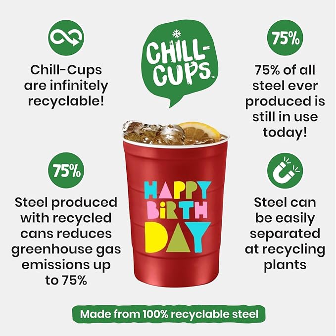 Steel Chill Cups 16 oz. Party Cups 'Happy Birthday' Balloon Design for Cold Drinks, Durable, Disposable, Recyclable, Made in USA, Red, 12 Count